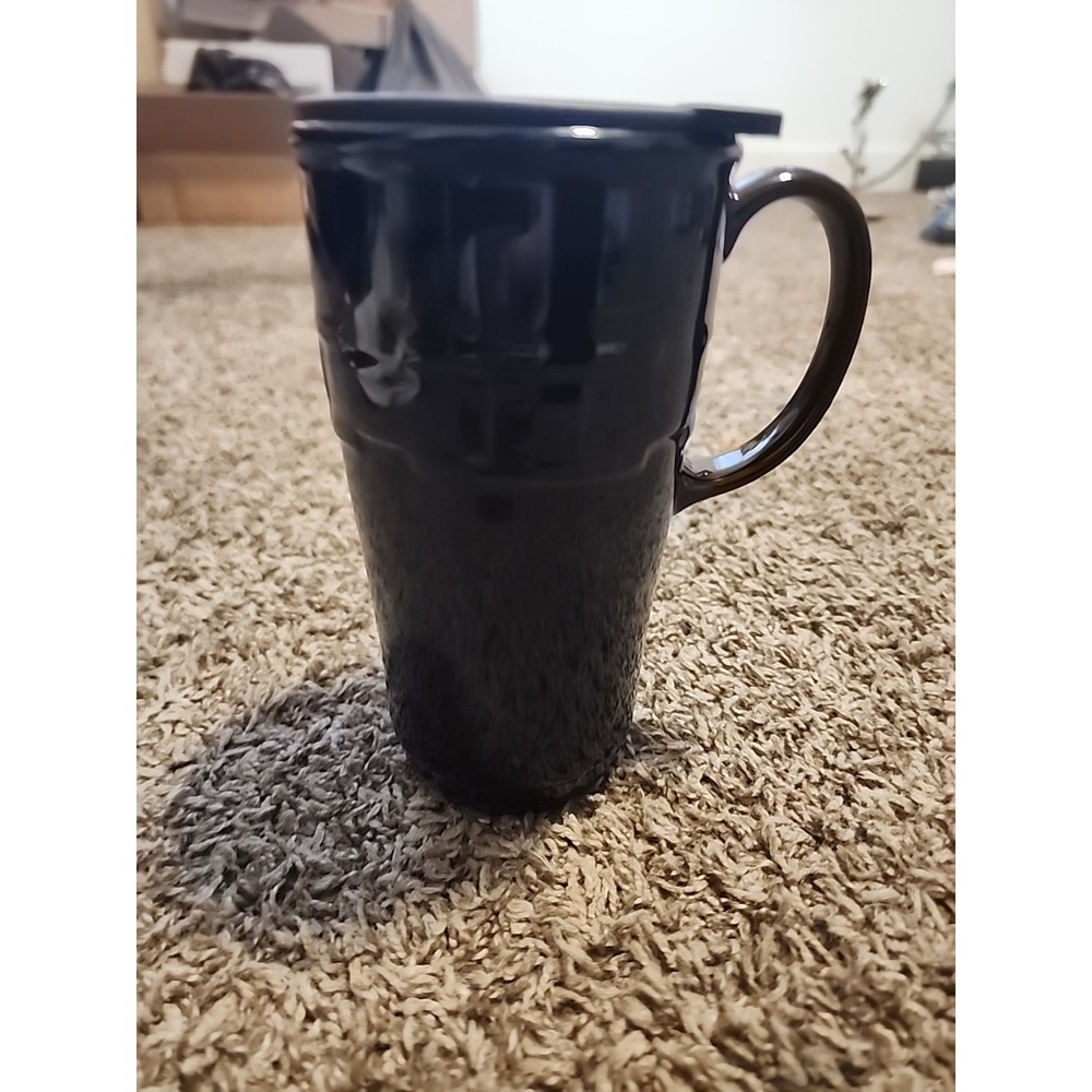 Longaberger Woven Traditions Pottery Black Travel Mug Lid Coffee Cup Ceramic‎